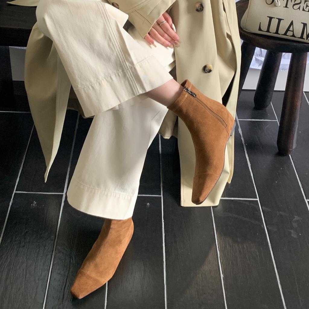 2025 Autumn New Square Head Inner Slope Heel Suede Thin Chelsea Martin Women's Short Boots Spice Girls Naked Boots