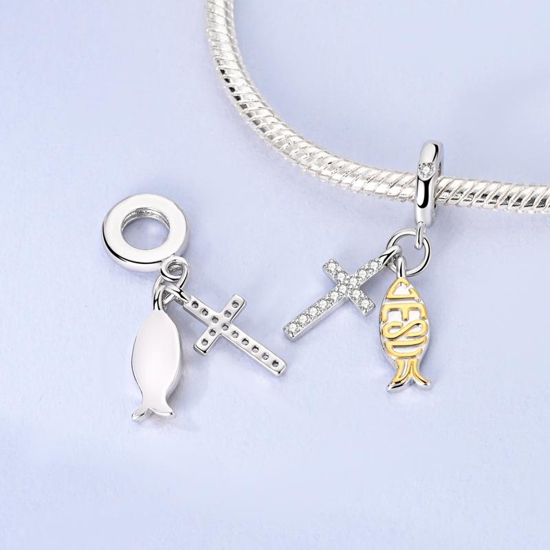 Charms Plata Creative Crucifix And Fish Pendants Beads Fit Original Bracelets Charms For Women Jewelry Diy Making Gifts