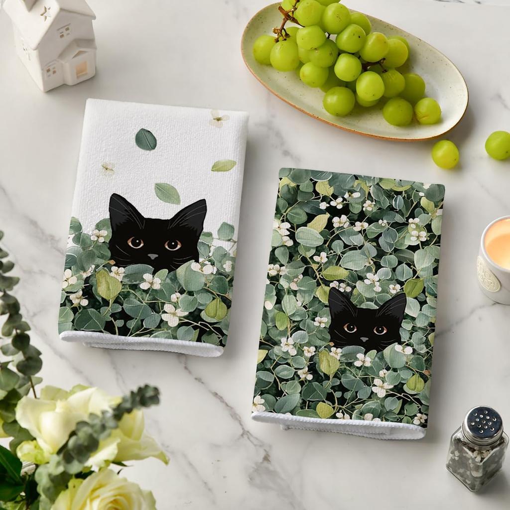 Artoid Mode Green Leaves Wild Flowers Black Cat Spring Kitchen Towels Dish Towels, 18x26 Inch Farmhouse Plants Decoration Hand Towels Set of 2