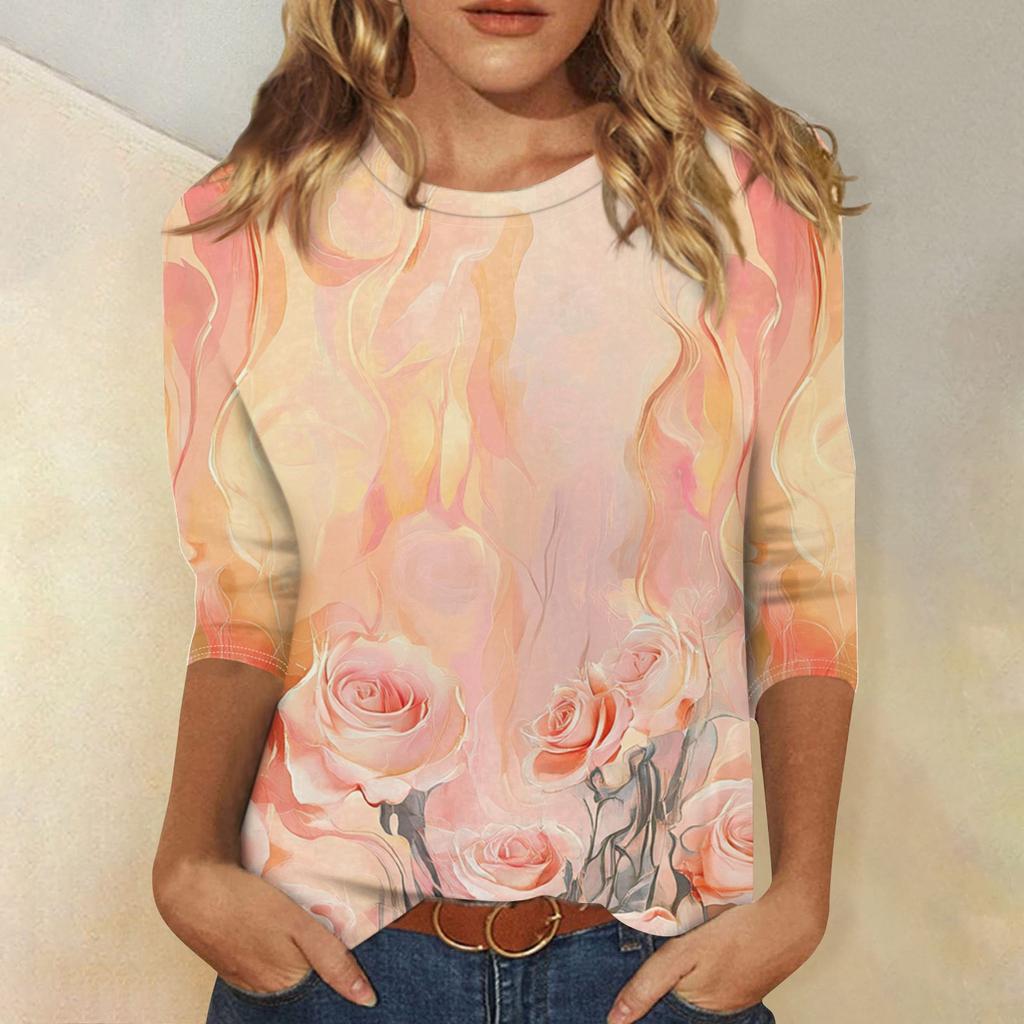 Damenmode, lässig, Rundhalsausschnitt, 3/4-Ärmel, lockeres bedrucktes T-Shirt, Damen-Top