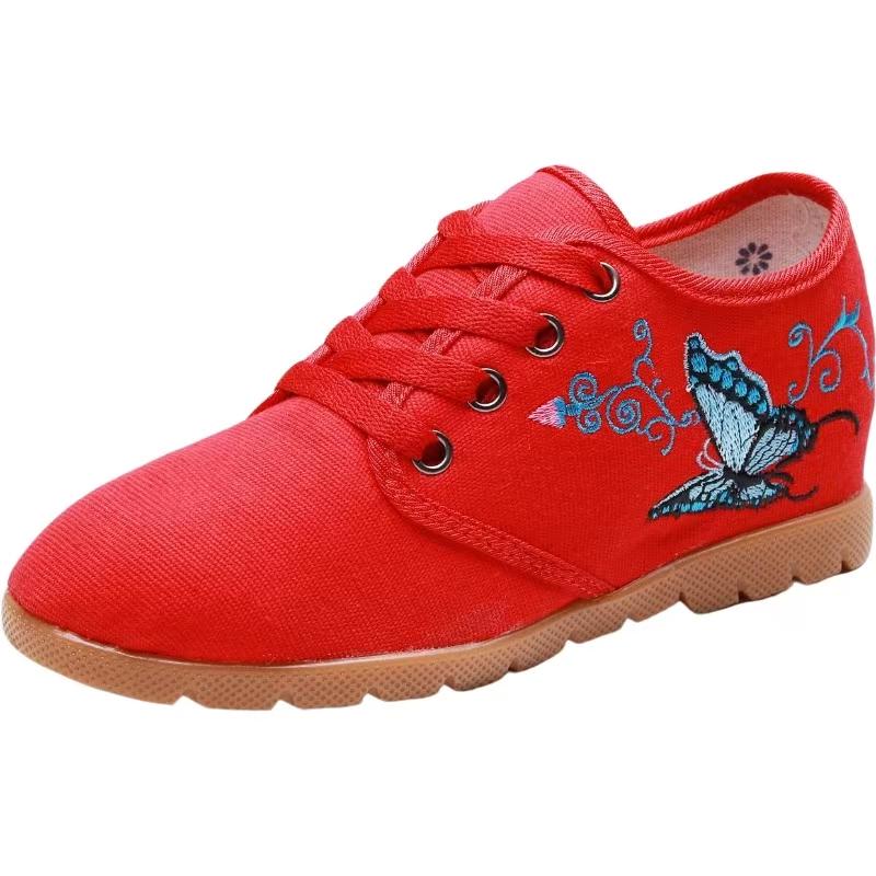 

Woman Increased Internal Embroidered Canvas Shoes Spring Autumn New Rubber Sole Non Slip Round Toe Lace Up Light Casual Shoes 35 червоний