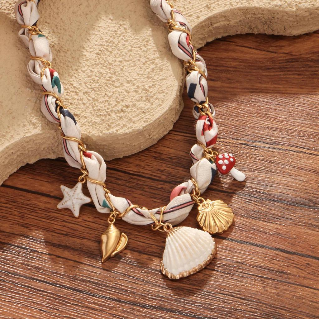 Silk Scarf Wrapped Chain with Starfish, Shell, Conch, and Mushroom Pendants Seaside Necklace