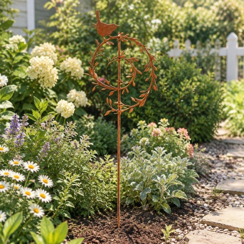 Iron Garden Stake with Aged-Look Brown Finish and Bird Detail for Flowers, Lawn Edges, and Suitable Soil Placement