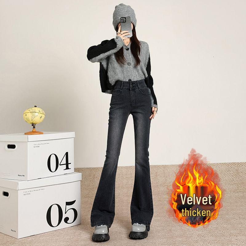 Women s Black-Gray Fleece-Lined High-Waisted Micro-Flare Jeans, Autumn/Winter 2025, Retro Slimming Extra-Long Style. M