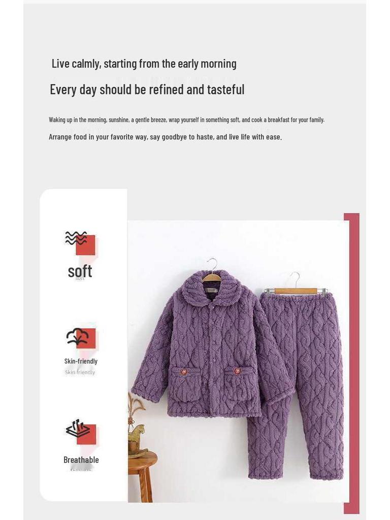 Three-Layer Fleece-Lined Quilted Winter Pajama Set for Elderly Women - Warm Coral Fleece Home Wear & Outerwear