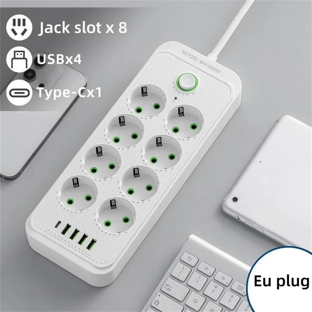 6/8 AC Outlets Multitap Socket Electrical Power Strip Extension Cord with 4 USB 1 Type C Charging Network Filter Adapter EU Plug