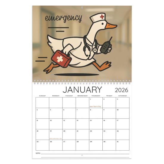 Nurse Goose Wall Calendar 2026 12-Month Themed Design Daily Events Organizer Coil Binding Thick Paper Desk Calendar for Daily Planning