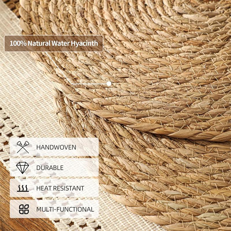 Definiertes Deco Geflochtenes Platzset Set von 1-4 Runde Rattantischsets Natürliche Wasserhyazinthe Tischsets für Esstisch, Zuhause, Hochzeit