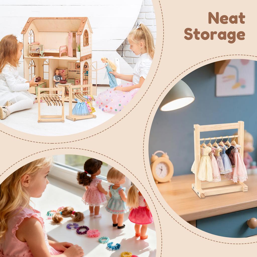 2Pcs Miniature Clothes Rack Wooden Doll Clothes Closet with 12 Hanger Mini Floor Drying Rack Clothes Storage Rack Small Wardrobe