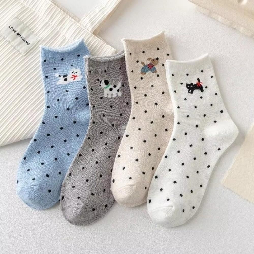 1 Pair Cotton Polka Dot Socks Cartoon Dog Cat Printed Middle Tube Socks Sweet Women Socks