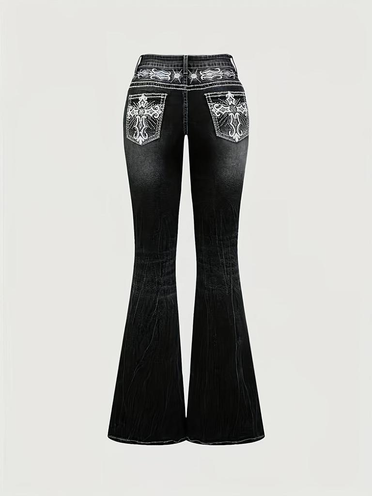 Jeans da donna slim micro-svasati con tasche ricamate e lavaggio scuro