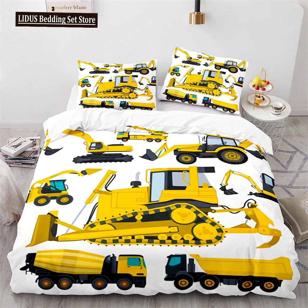 Digger Duvet Cover Set Cartoon Heavy Machinery Truck Crane Mixer Excavator Tractor Pattern For Kid Teen Polyester Bedding Set