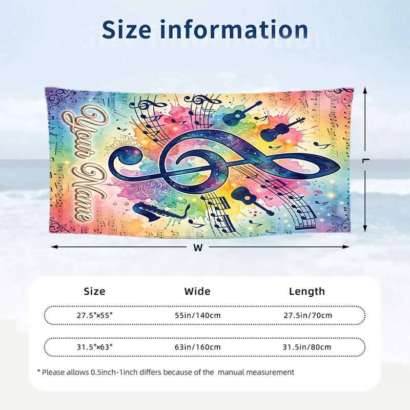 Music Nature Harmony Theme Quick Dry Beach Towel Custom Name Text Print Large Sand Resistant Towel Beach Vacation