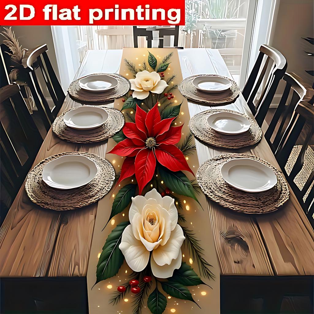 Elegantní bílý růže a borovice běhoun na stůl - 2D plochý tisk sváteční dekorace s červenou vánoční hvězdou a zeleným listovím, na Vánoce, Den díkůvzdání
