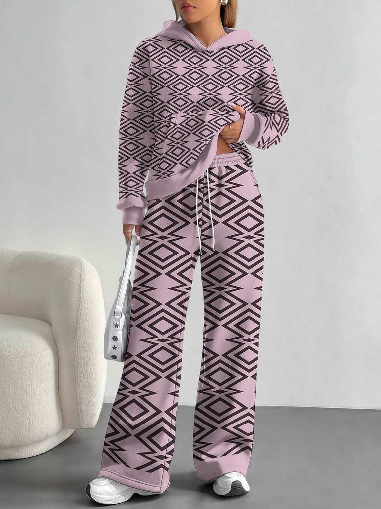 Striped European and American Autumn Casual Geometric Figure Long-sleeved Suit Women's Hooded Sweater Trousers Two-piece Set