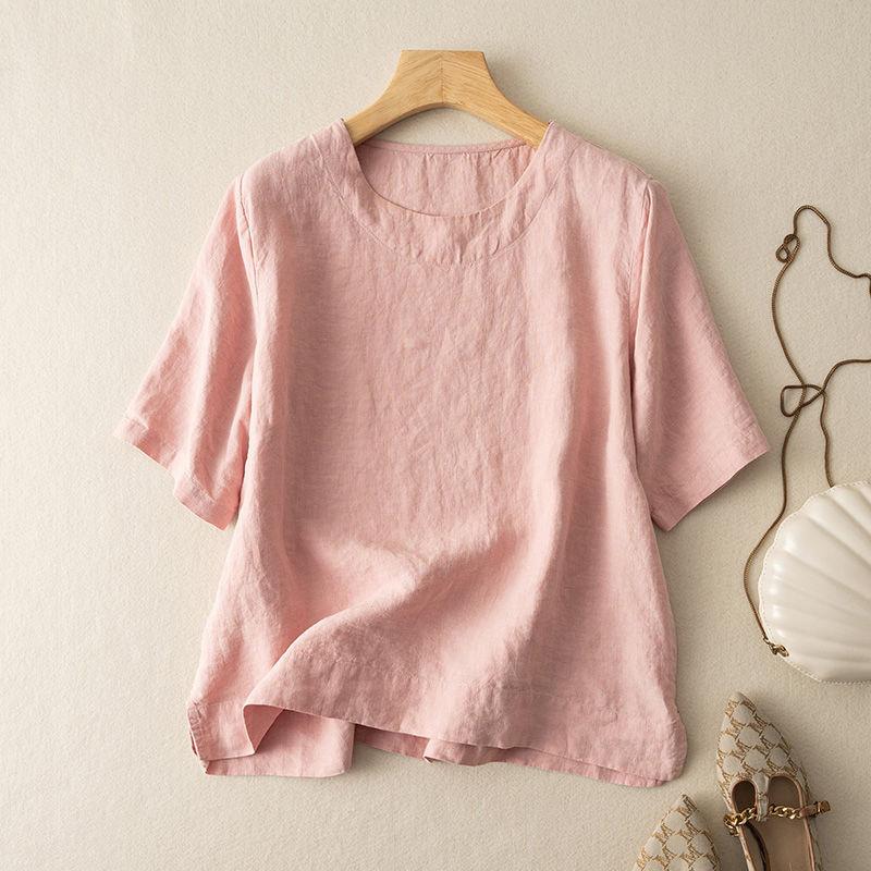 Damen Sommer Baumwolle Leinen Kurzarm T-Shirt Vintage Rundhals Lockerer Schnitt Lässig Atmungsaktiv Tägliche Kleidung Pullover Top