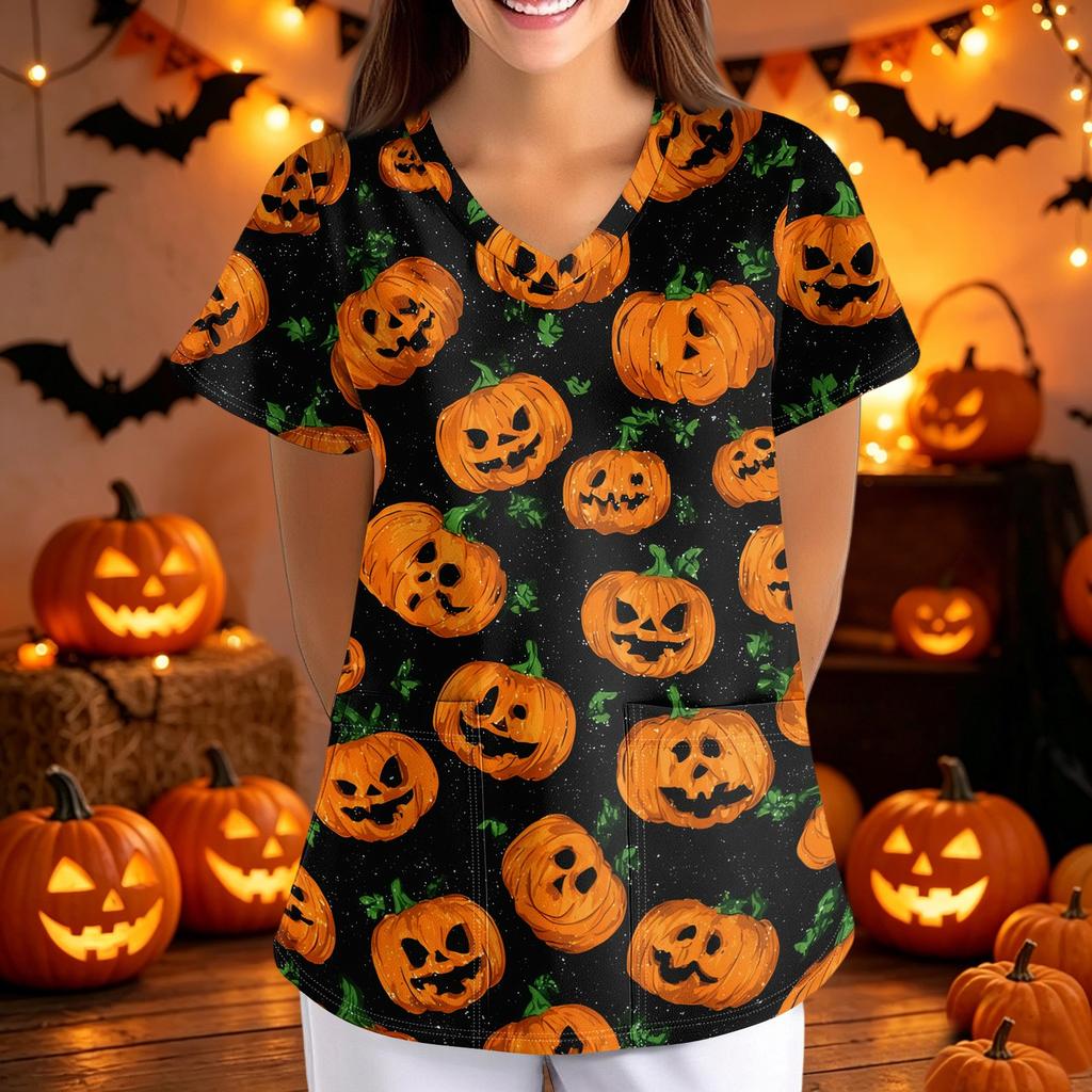 Women's Halloween Print Loose Fit V Neck Pocket Short Sleeve Medical Scrub Top Nurse Uniform Workwear