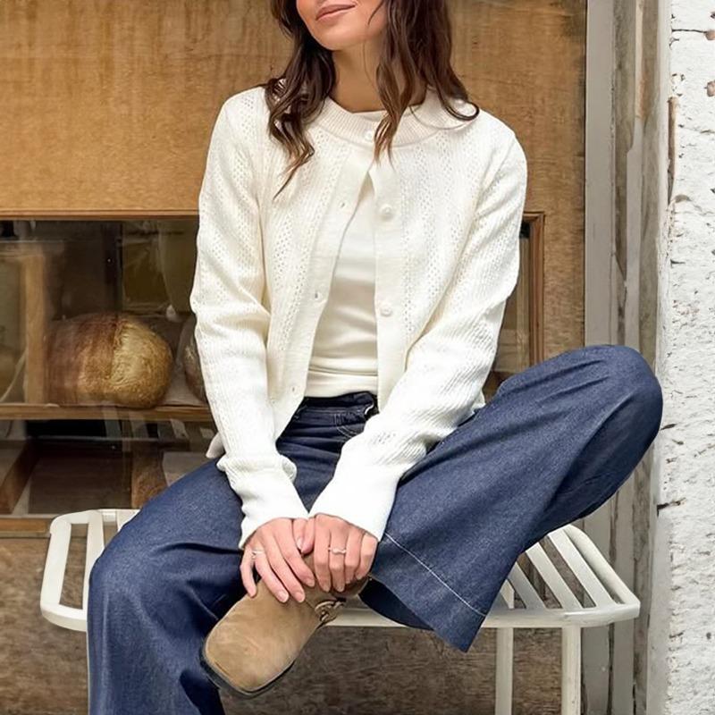 Women's White Knit Cardigan Casual Button Up Crew Neck Long Sleeve Open Front Sweater