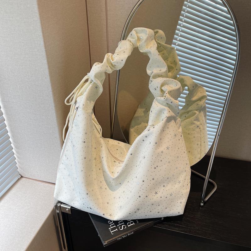 

Pleated Shoulder Bag Elegant Stars Double Zipper Women s Underarm Bag Large Hobos Adjustable Drawstring Dumpling Crossbody Bag 46x16x32cm бежевый