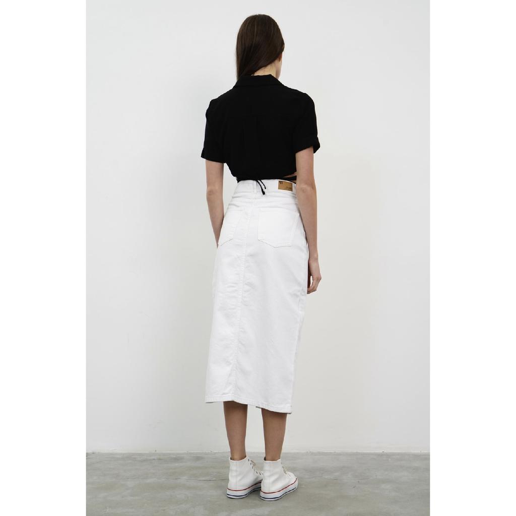 Women's Blue Denim Color Long Denim Skirt With Deep Slit Detail On The Side