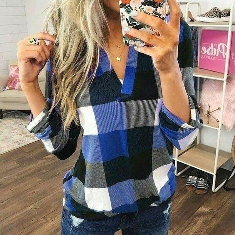 Stylish S-5xl Women's Long Sleeve Plaid T-shirt Blouse With V-neck Design