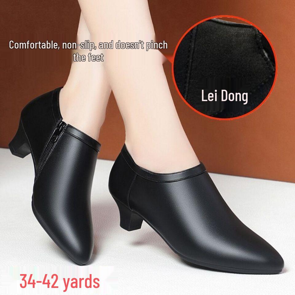 Women's Black Genuine Leather Fleece-Lined Work Shoes - Soft Sole, Wear-Resistant, Low Heel for Autumn/Winter