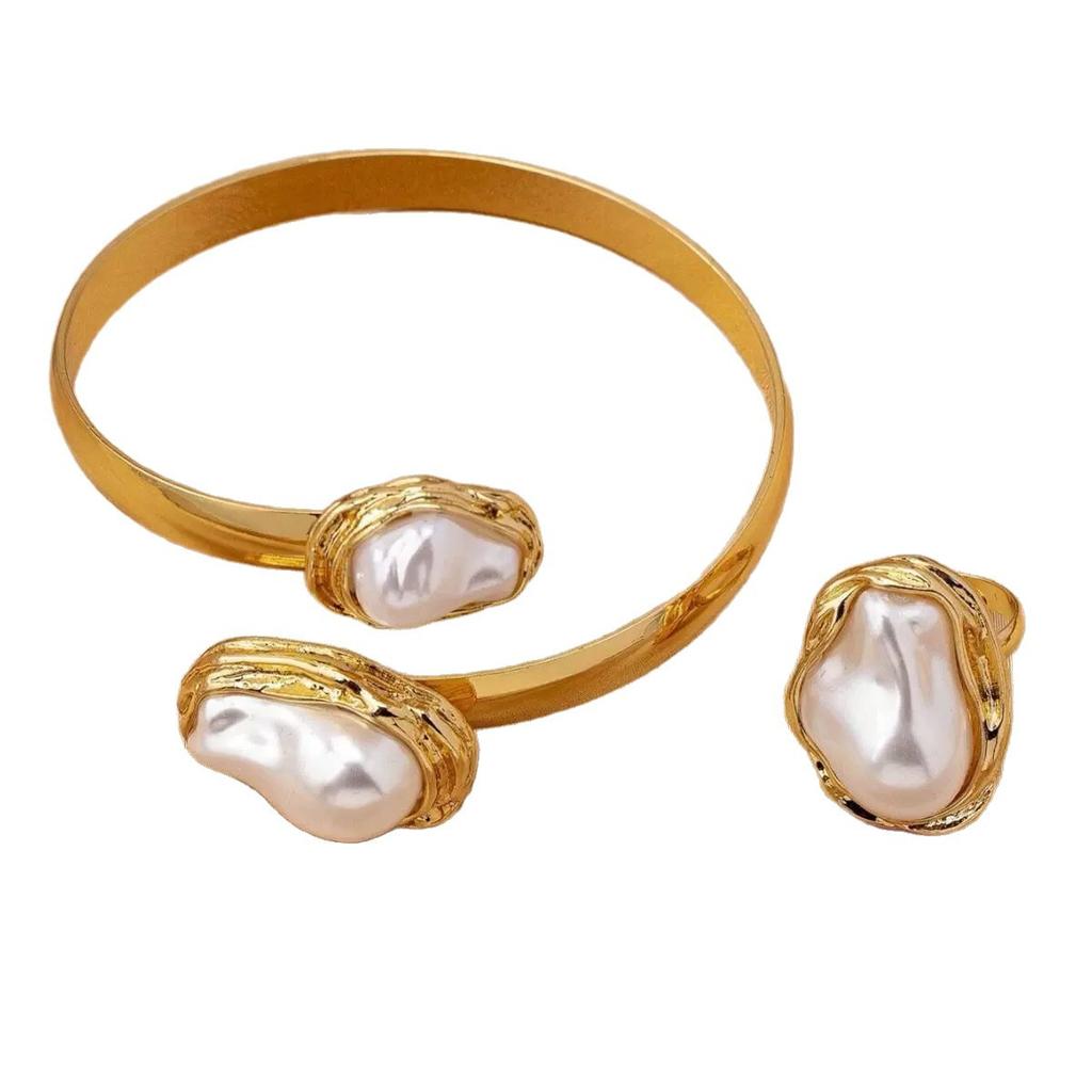 Daily Niche Minimalist Pearl Ring Elegant Pleated Opening Adjustable Bracelet Set