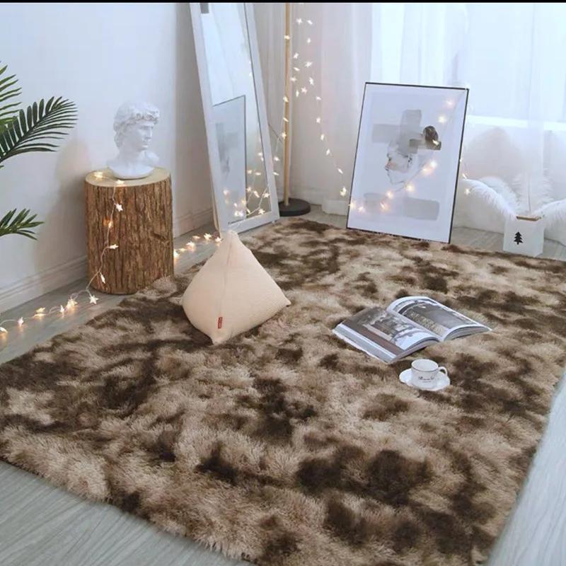 Gradient Tie-dye Carpet Living Room Bedroom Long Hair Washable Cute Net Red Bedside Soft Plush Carpet Mat Anti-slip Floor Mats