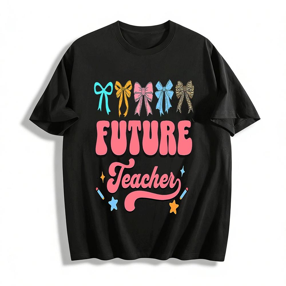 Vintage Bow Print Future Teacher Casual Top Pure cotton T-shirt XXS