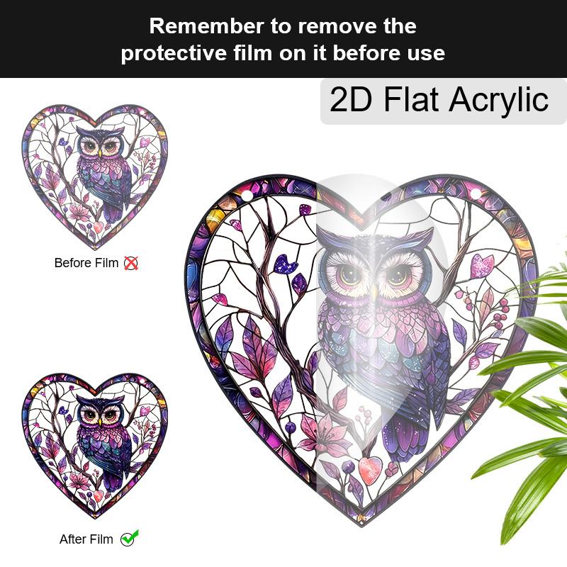 2D Flaches Herz Acryl Eule Fensterdeko, Buntglas-Effekt Hängendes Ornament für Zuhause, Schlafzimmer, Küche, Niedliches Geschenk für Freunde & Familie