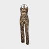 European & American Leopard Print Lace-up Halter Backless Top and Slim Long Pants Set