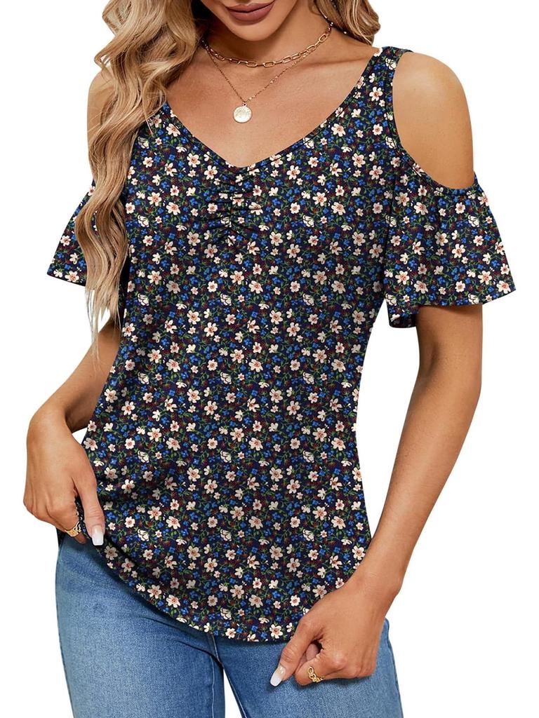 2025 Summer Off-the-Shoulder V-Neck Print Top for Women