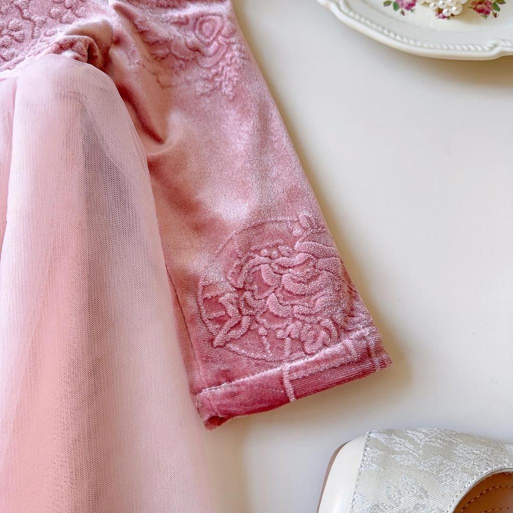 Girls' Winter Hanfu-Style Long Sleeve Mesh Dress