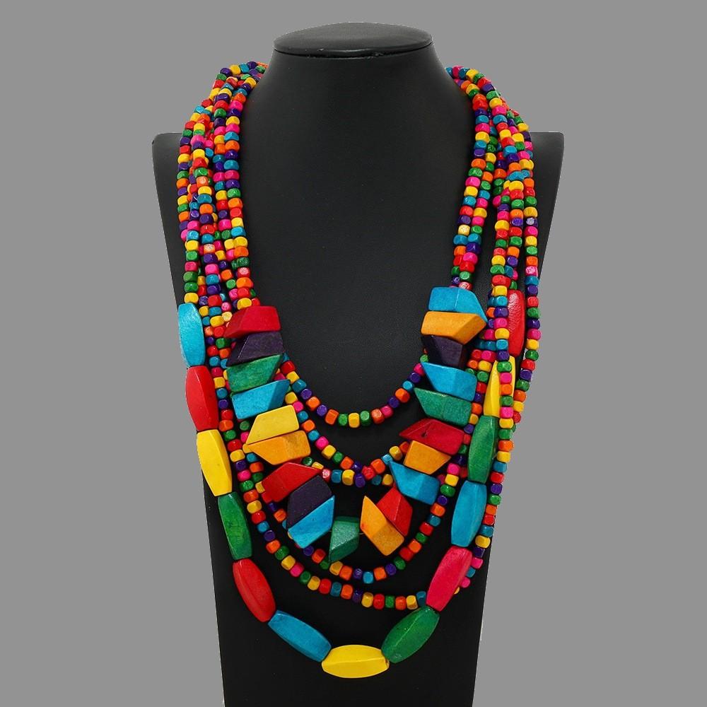 Multilayer Geometric Wooden Necklace For Women Ethnic Boho Festival Jewelry