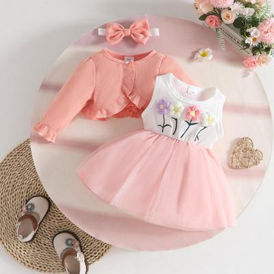 Herfst/Winter 2025 Meisjes Peuter Bloemen Lange Mouwen Jas, Vest Jurk & Hoofdband Set (1-3 jaar)