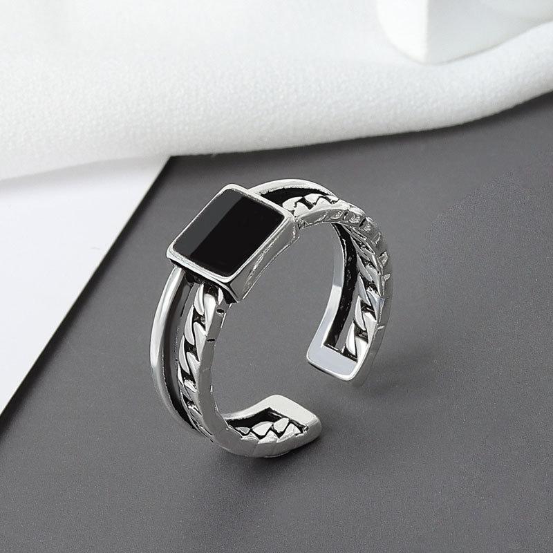 Vintage Geometric Double Layer Chain Enamel Square Open Ring Personality Fashion Index Finger Band For Women Men