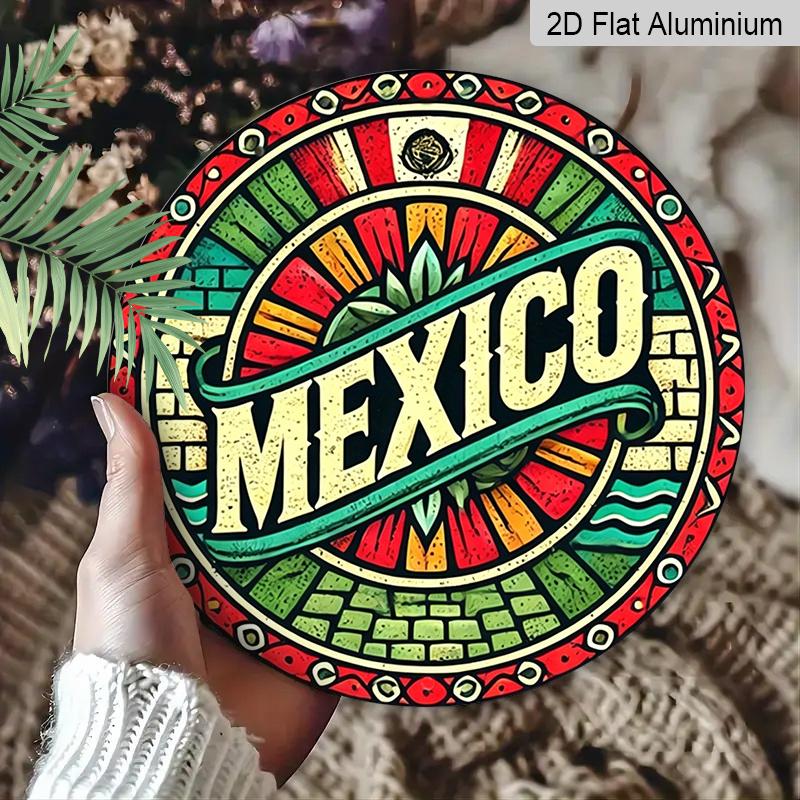 2D Flat, 1pc Round Mexico Themed Aluminum Hanging Sign, Colorful Mexican Flag Talavera Style Design, Retro Metal Wall Decor, Perfect for Cinco De