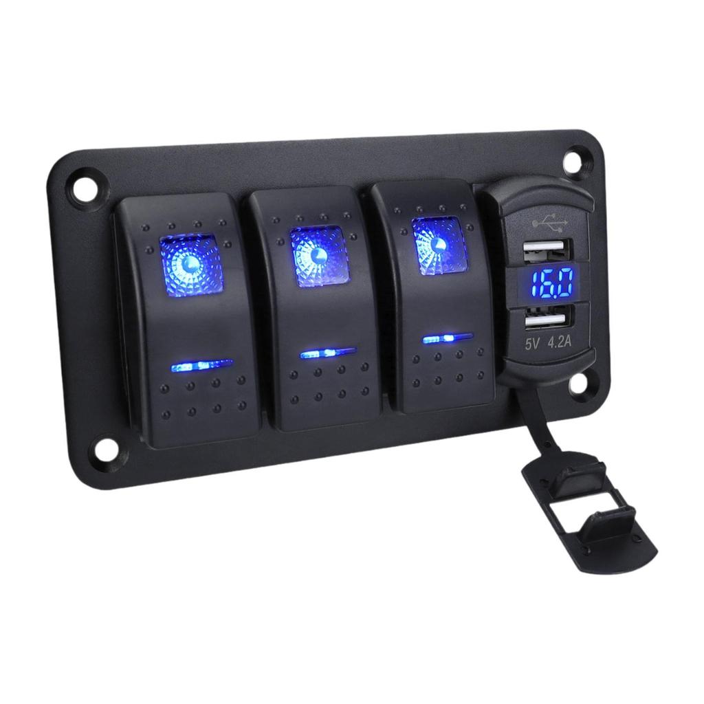Rocker Switch Panel Blue Backlit Fast Charging for RV Marine Vehicles