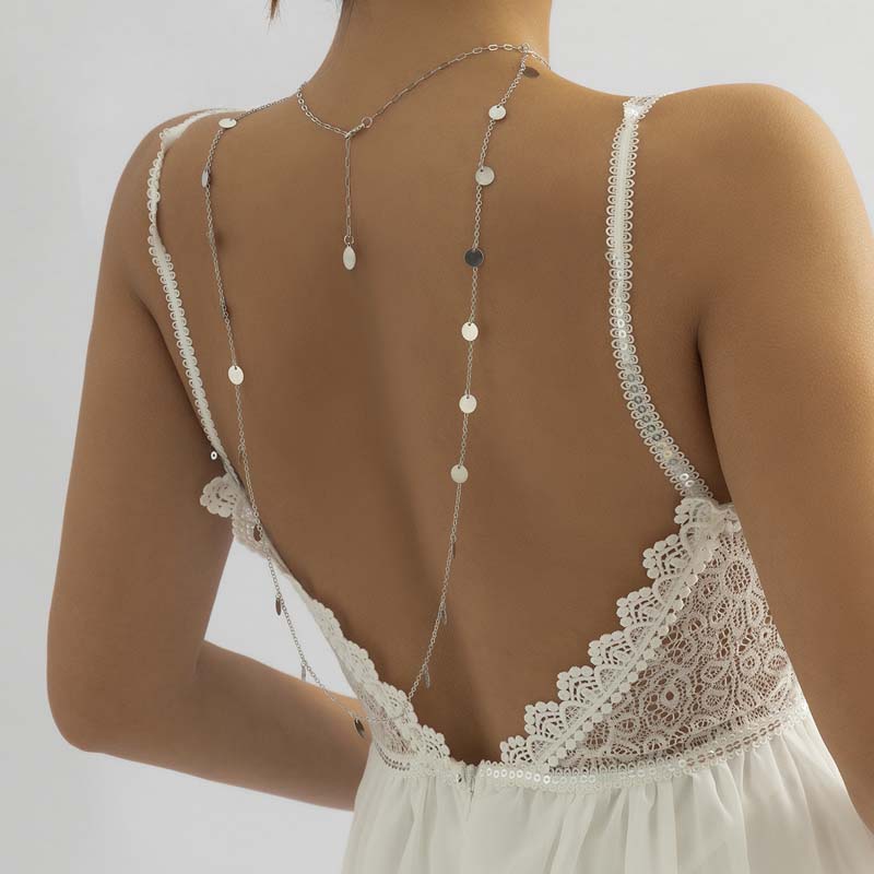 Fashion Metal Sequin Round Pendant Back Chain Necklace For Women Simple Long Tassel Sexy Body Chain Jewelry Accessories
