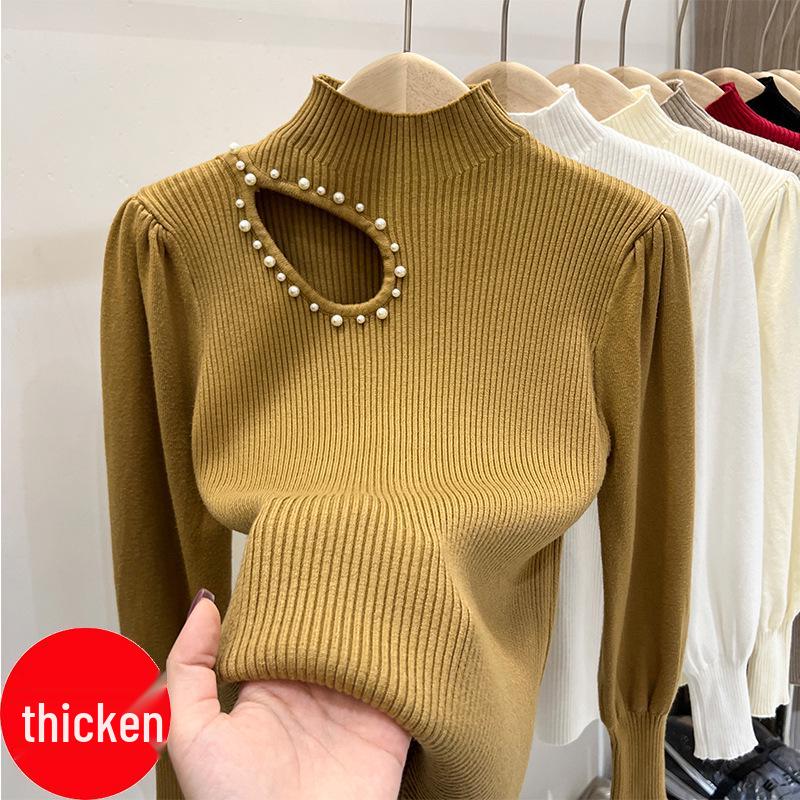 Women's High Neck Beaded Hollow-Out Knitted Sweater - Long-Sleeve Autumn/Winter Design