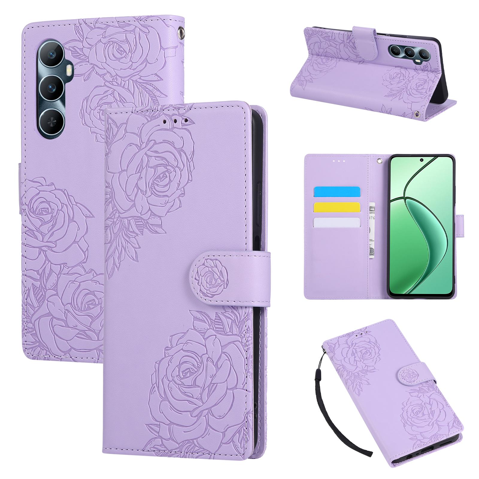 

For Realme C65 4G Case Rose Flower PU Leather Wallet Phone Cover with 3 Card Slots/Wrist Strap Light Purple