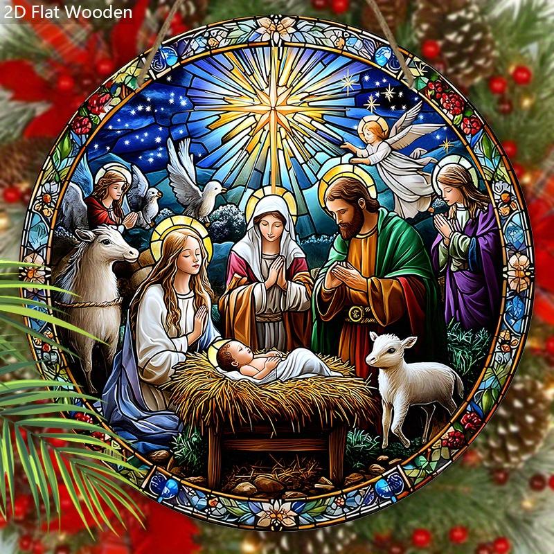 Nativity Scene Wooden Sign, Jesus Born Round Ornament for Front Door Wall Hanging Decor, Ideal Christmas Gift for Christians