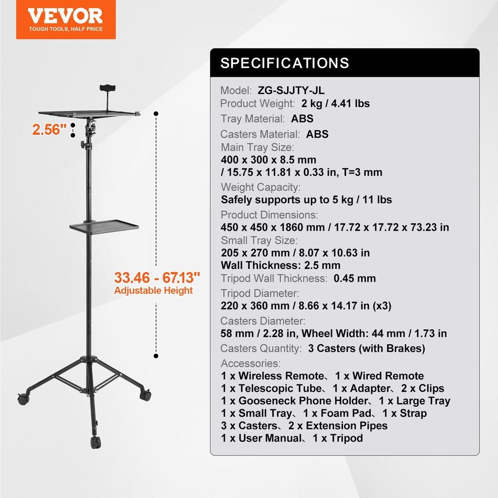 Projector Stand with Wheels Laptop Stand Tripod Height from 31.3 to 67.3"