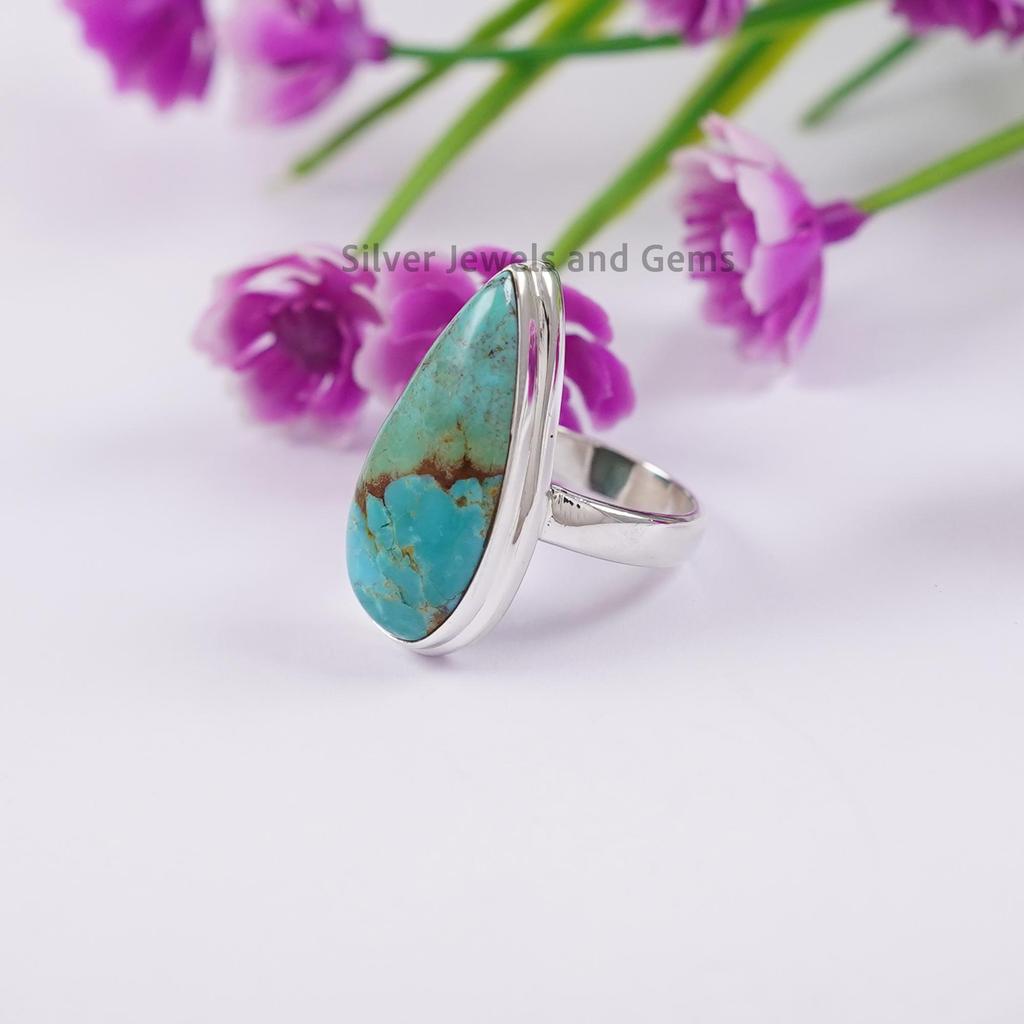 Long Turquoise Ring, Handmade 925 Sterling Silver Ring, Teardrop Turquoise Jewelry, December Birthstone Ring, Green Turquoise Ring