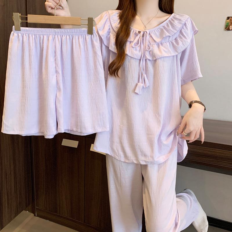 Princess Purple White Pajamas Women'S Summer Thin Short-Sleeved High-Value Loungewear Cloud Cotton Three-Piece Set