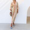 Spot summer European and American women's clothing fashion contrasting color printed long dress elegant slim V-neck short sleeves, even
