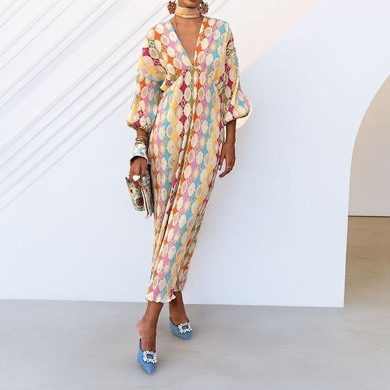 Spot summer European and American women's clothing fashion contrasting color printed long dress elegant slim V-neck short sleeves, even