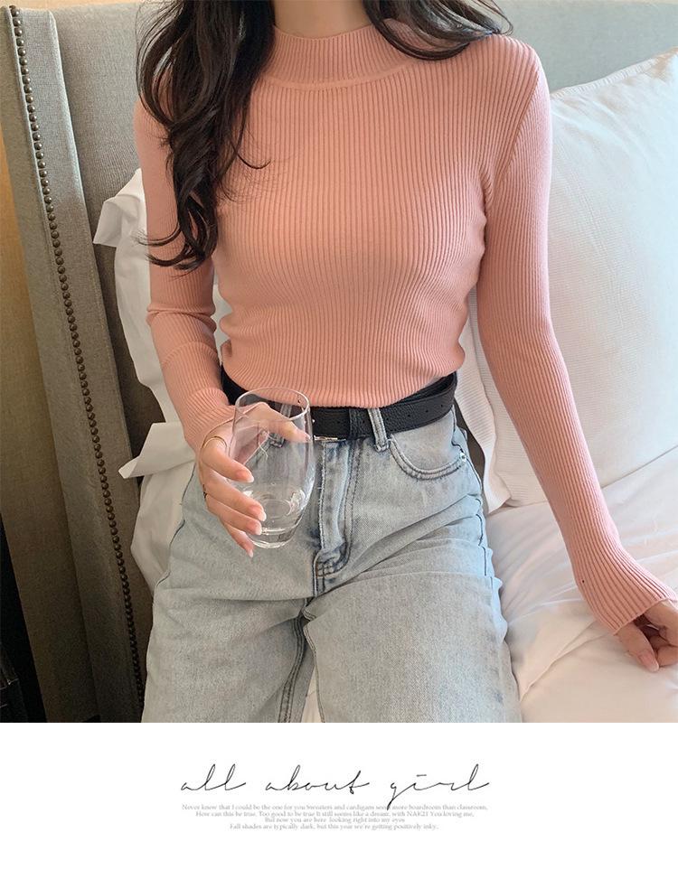 Women's 2022 Solid Color Semi-High Neck Long Sleeve Knitted Sweater