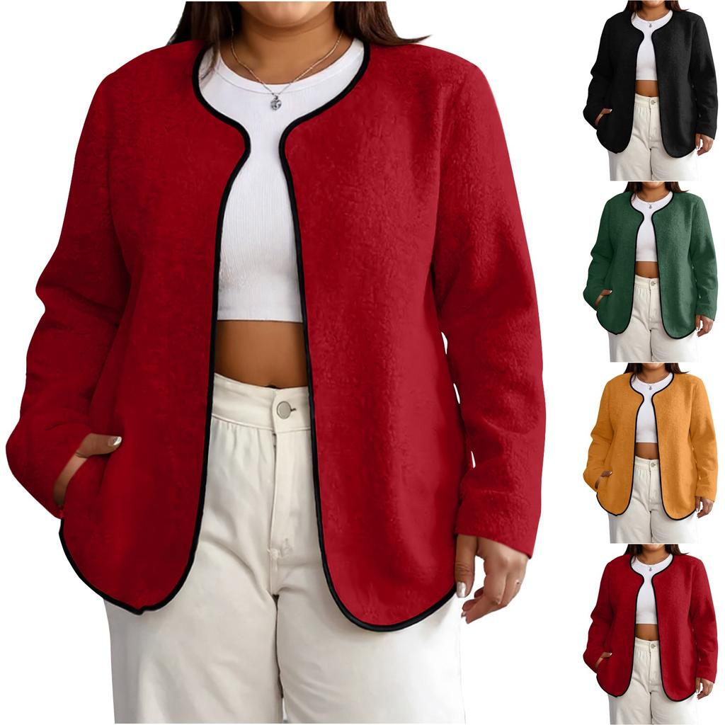 Women's Fashion Casual Plus Size Long Sleeve Solid Color Fleece Jacket