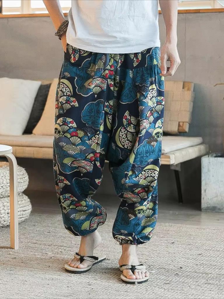Ethnic Style Men's Polyester Casual Pants with Vintage Patterns Relaxed Fit Elastic Waistband Ankle-Cuff Design Comfortable Pants for All Seasons
